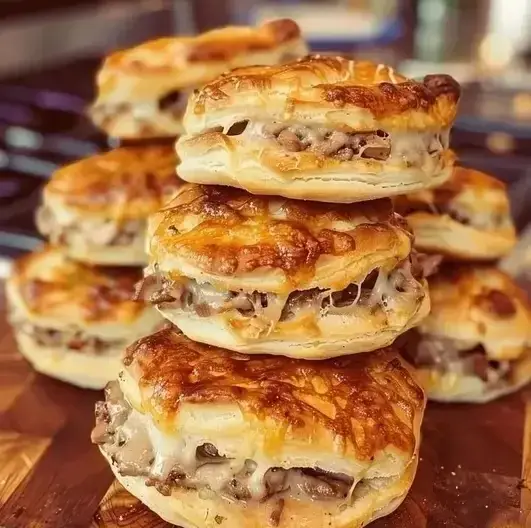 French Dip Stuffed Biscuits with Savory Au Jus Dipping Sauce 4 A handheld smartphone photo of golden-brown French Dip Stuffed Biscuits with melted provolone and a side of au jus sauce on a white plate.