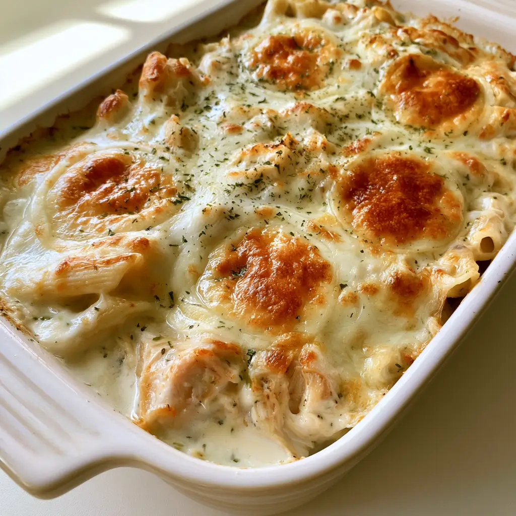 Cheesy Chicken Pasta Casserole: The Ultimate Creamy Comfort Food 2 Close-up shot of Cheesy Chicken Pasta Casserole featuring penne, shredded chicken, and a dense layer of melted mozzarella with golden toasted patches.