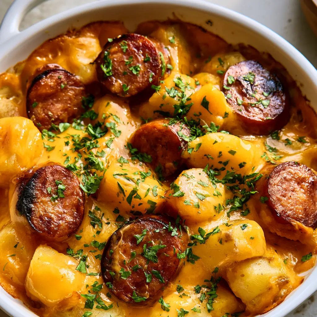 Cheesy Kielbasa and Potato Casserole with Smokey Cheddar Sauce 1 Close-up of charred kielbasa slices and golden potato cubes smothered in cheese sauce.