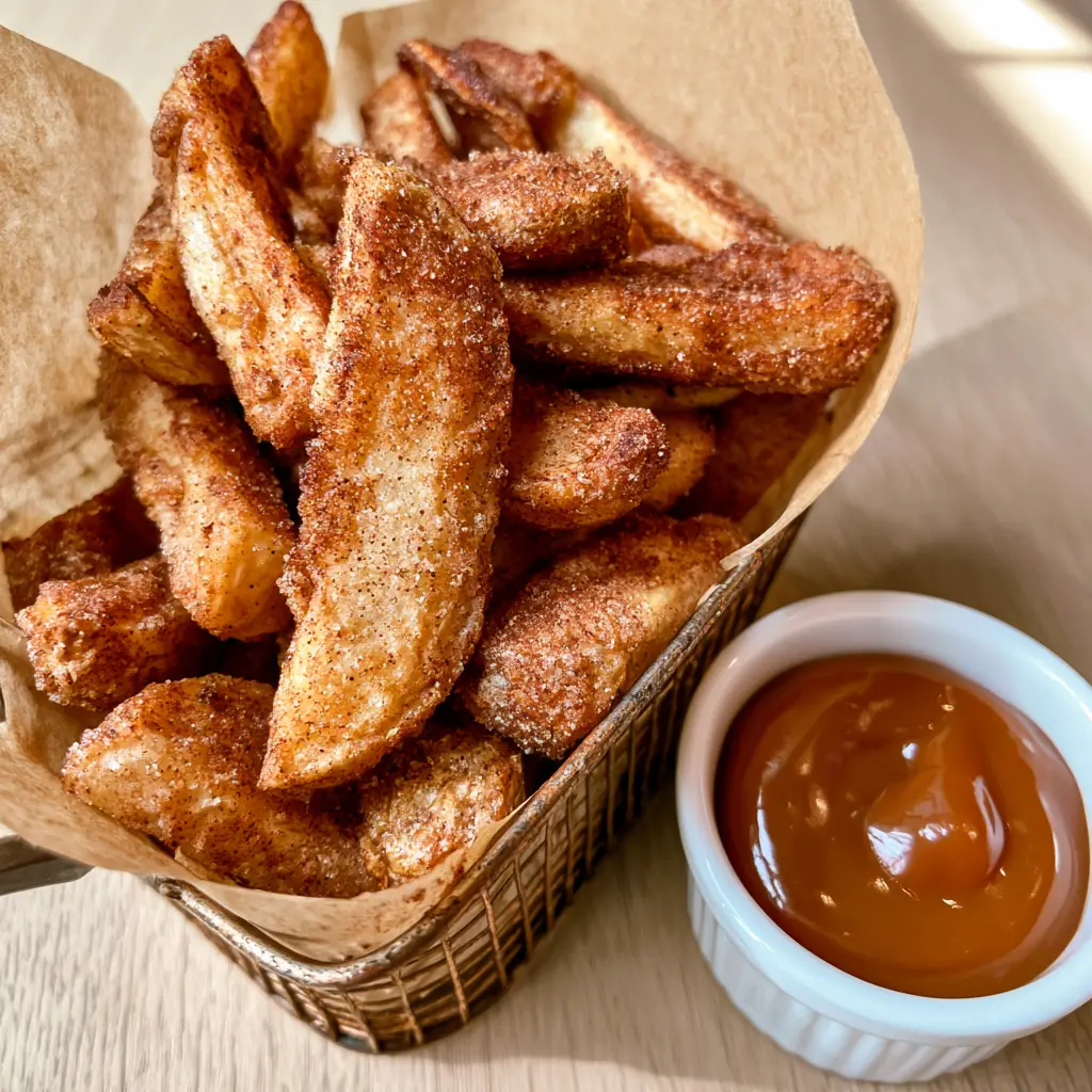 Air Fryer Apple Fries with Cinnamon Sugar and Caramel 1 Air Fryer Apple Fries served with a side of glossy amber caramel sauce on a light wood surface.