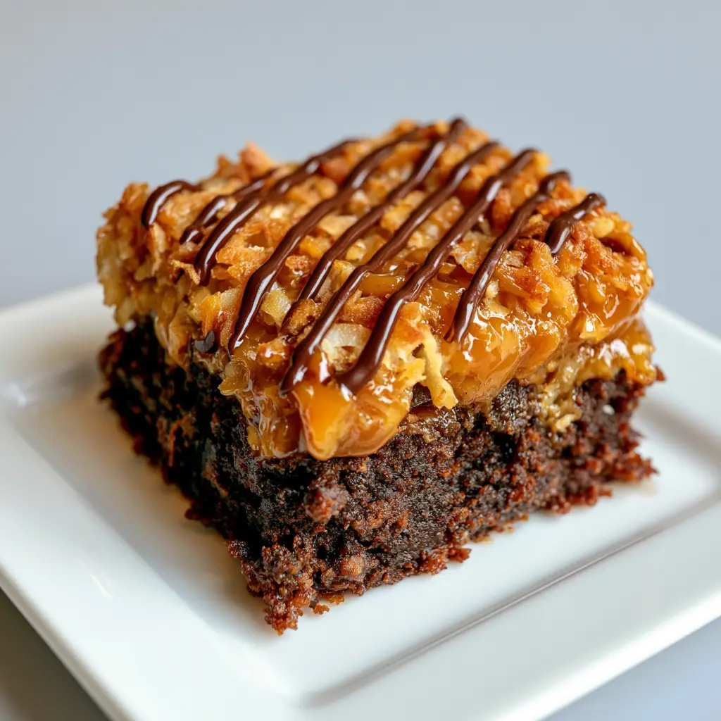 Samoa Box Mix Brownies: The Ultimate Fudgy Girl Scout Cookie Hack 1 Diagonal dark chocolate stripes over a Samoa Box Mix Brownie with golden-brown toasted coconut.