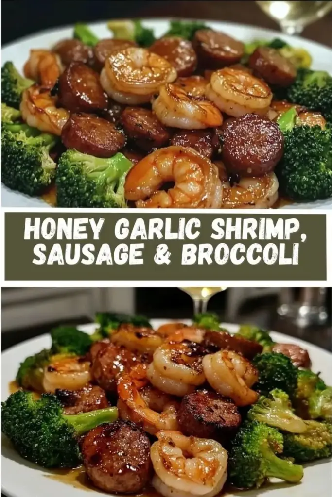 Honey Garlic Shrimp and Sausage: The Ultimate 20-Minute Skillet Meal 3 A close-up vertical shot of Honey Garlic Shrimp and Sausage in a black skillet, showing glossy glazed shrimp and browned sausage rounds with sesame seeds.