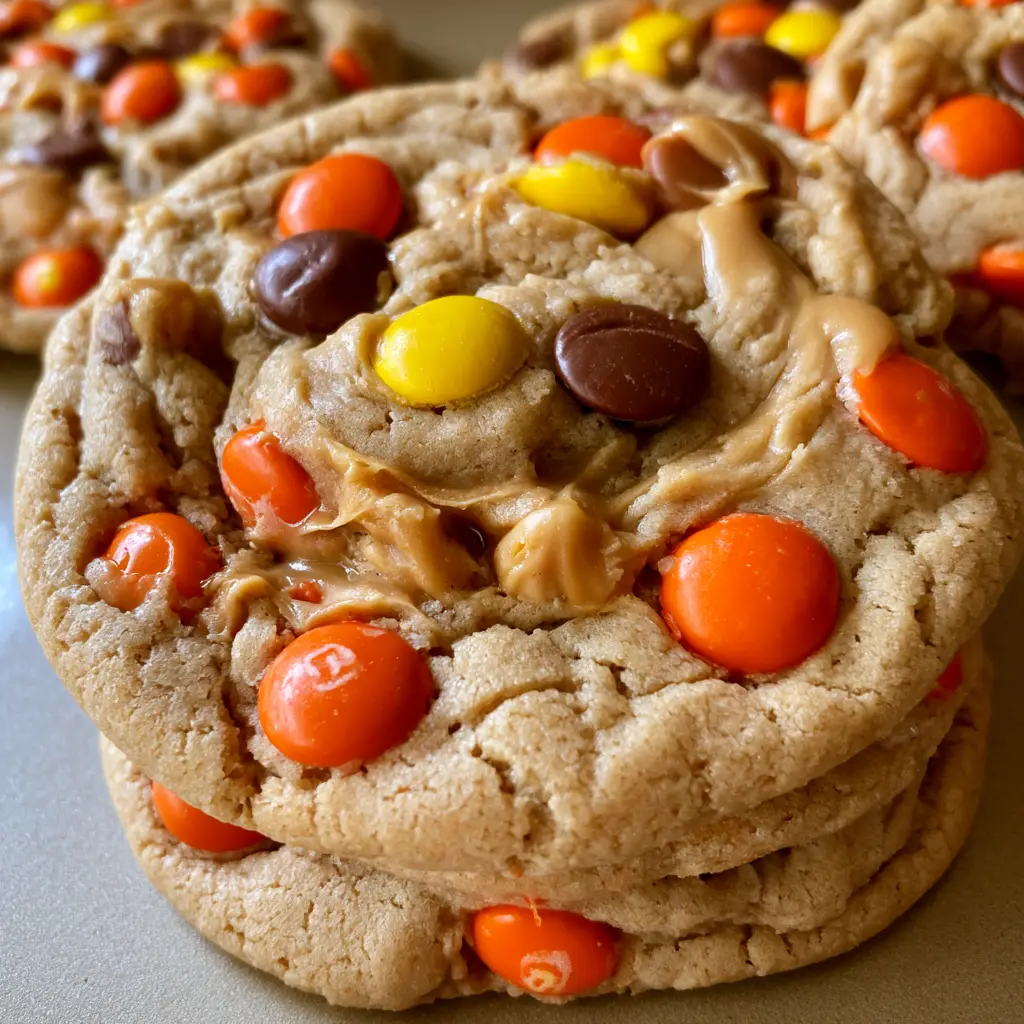 Reese's Pieces Peanut Butter Cookies: The Ultimate Soft and Gooey Recipe 2 Close up of thick Reese's Pieces Peanut Butter Cookies with visible cracks, whole candies, and melted chips on a neutral surface.