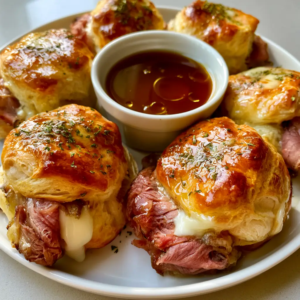 French Dip Stuffed Biscuits with Savory Au Jus Dipping Sauce 2 Close up of a golden-brown stuffed biscuit showing flaky layers and melted white cheese.
