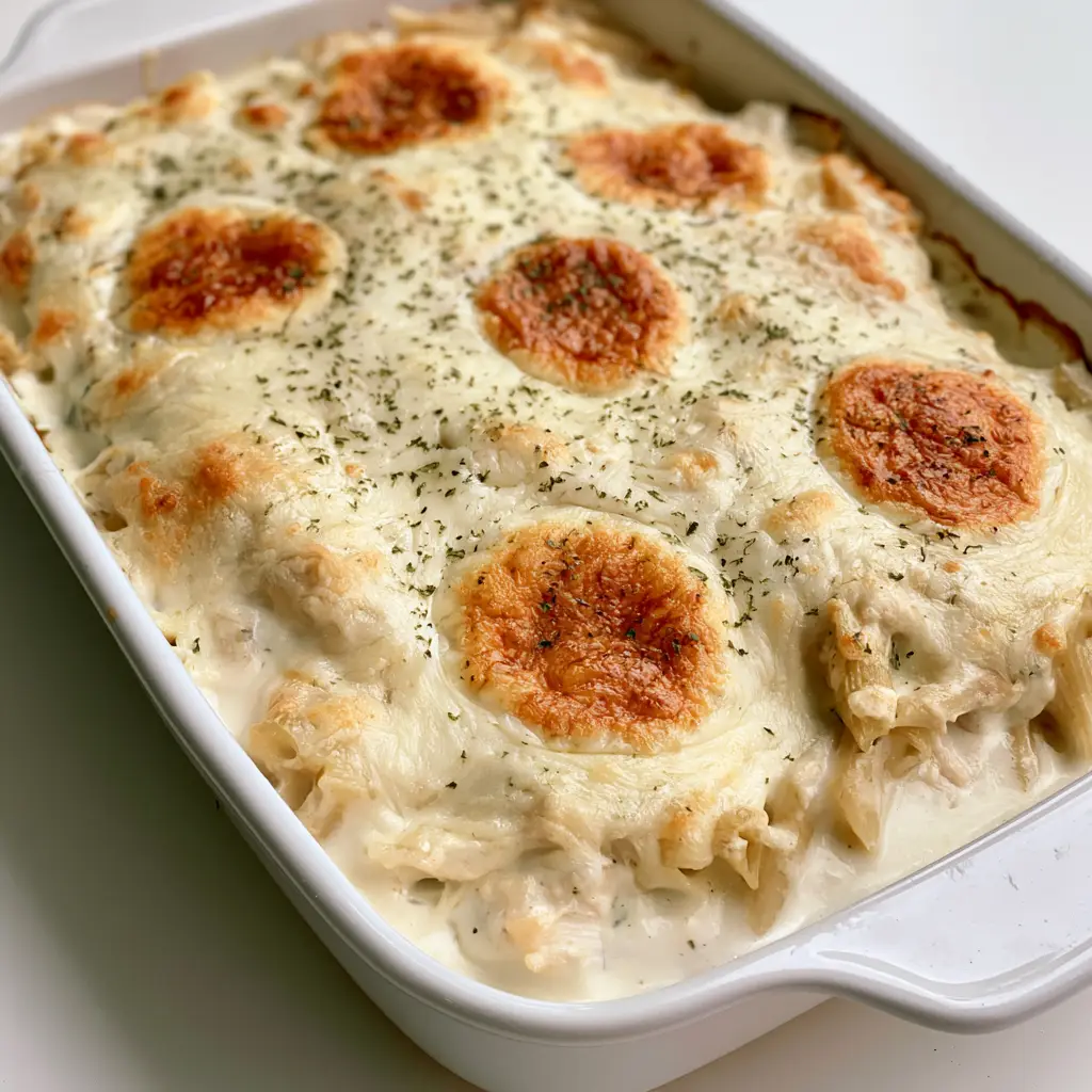 Cheesy Chicken Pasta Casserole: The Ultimate Creamy Comfort Food 1 Overhead view of the creamy white sauce and penne base of the Cheesy Chicken Pasta Casserole before serving.