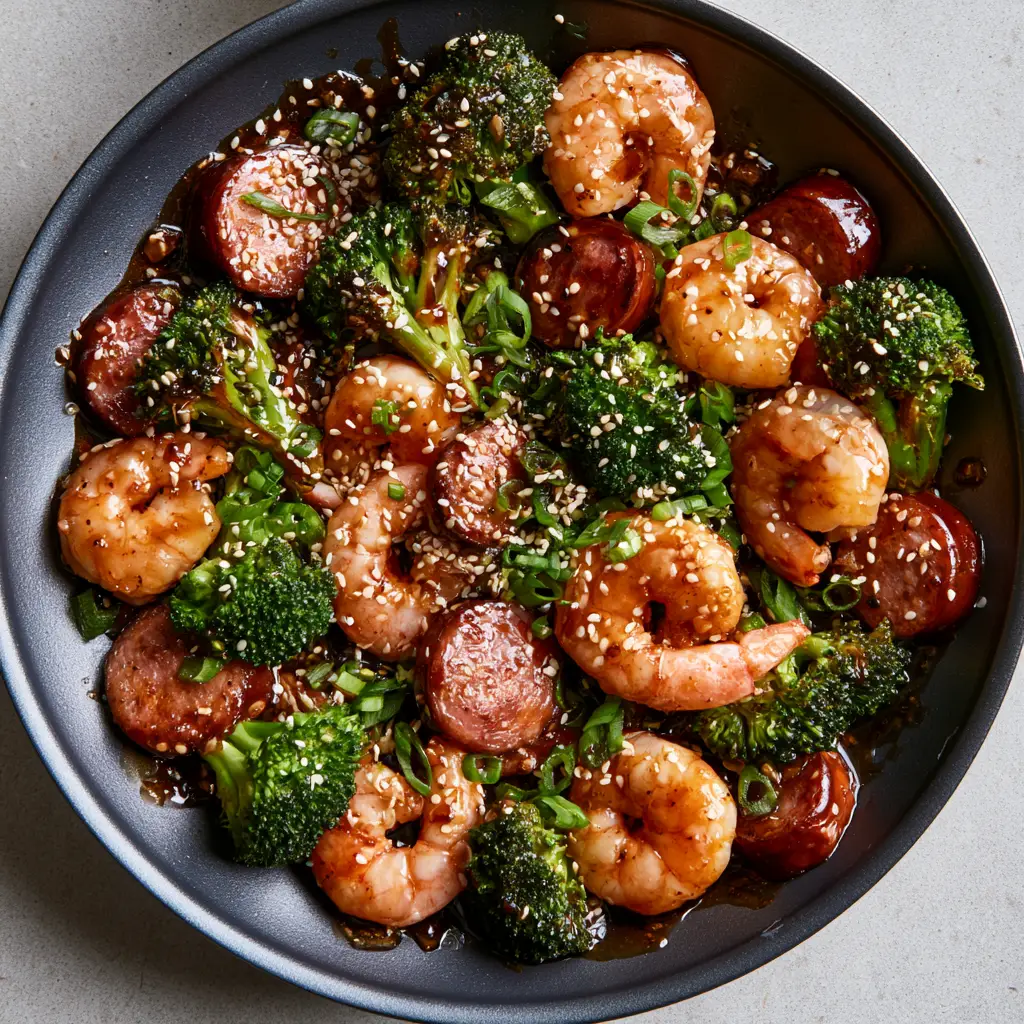 Honey Garlic Shrimp and Sausage: The Ultimate 20-Minute Skillet Meal 2 Top-down view of a black skillet filled with Honey Garlic Shrimp and Sausage, vibrant green broccoli, and a thick amber glaze.