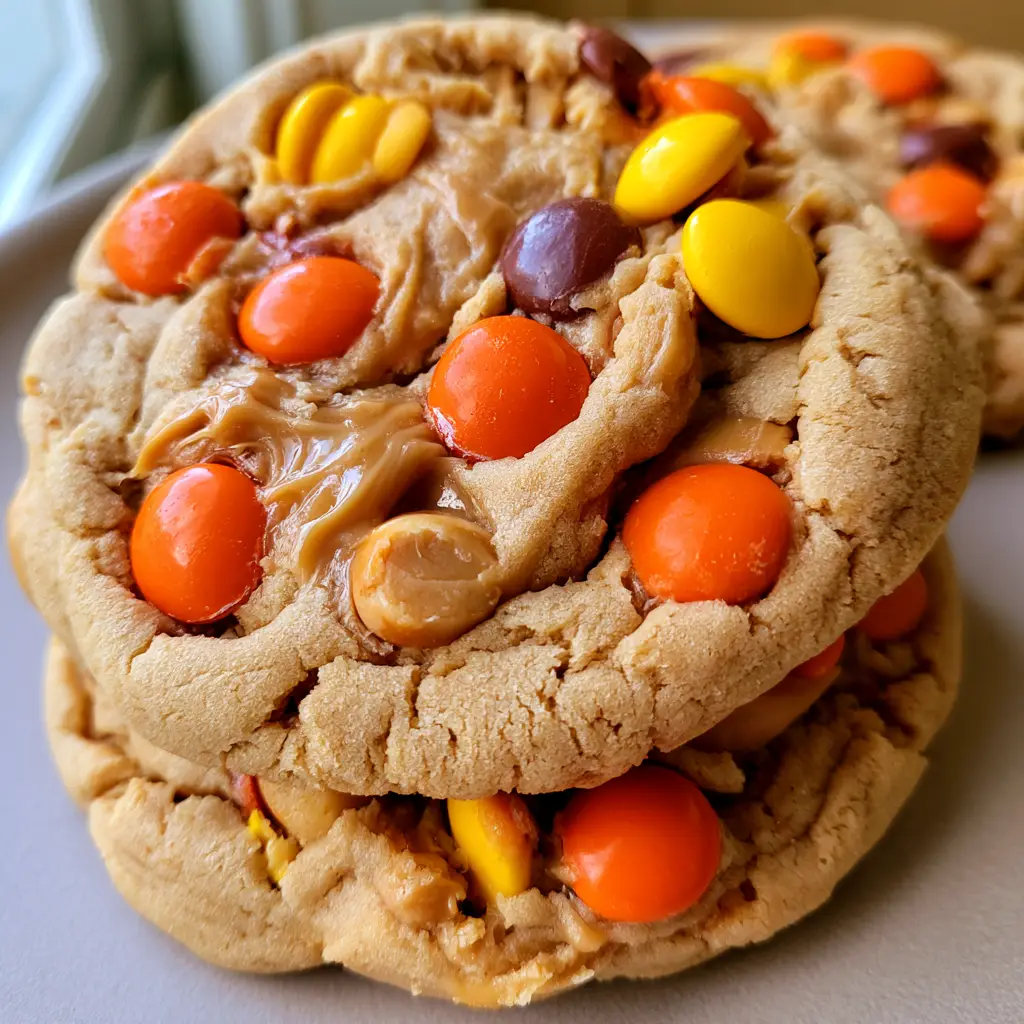 Reese's Pieces Peanut Butter Cookies: The Ultimate Soft and Gooey Recipe 1 High angle shot of a stack of Reese's Pieces Peanut Butter Cookies showing the matte edges and bright candy shell colors.