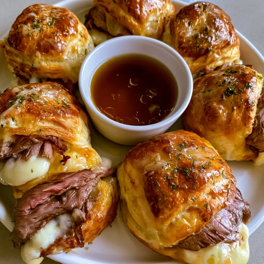 French Dip Stuffed Biscuits with Savory Au Jus Dipping Sauce 1 A white plate featuring stuffed biscuits and a ramekin of deep brown au jus sauce with oil droplets.