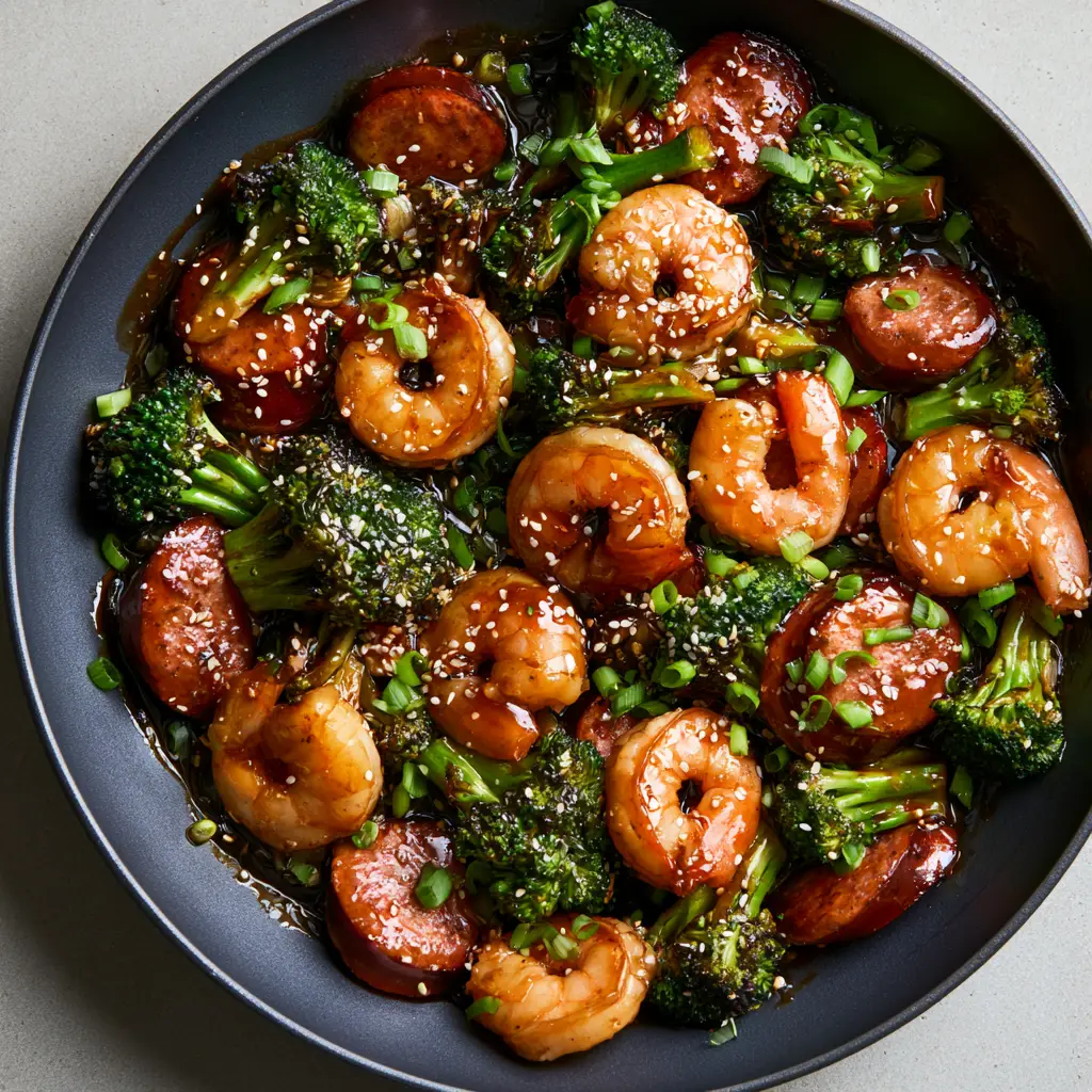 Honey Garlic Shrimp and Sausage: The Ultimate 20-Minute Skillet Meal 1 Close-up of caramelized sausage rounds and curled pink shrimp in a honey garlic glaze garnished with green onions and sesame seeds.