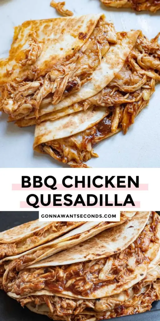 BBQ Chicken Quesadilla: The Ultimate Crispy & Cheesy 20-Minute Dinner 3 A Pinterest-style graphic featuring a sliced BBQ Chicken Quesadilla stacked on a plate with visible melted Monterey Jack and corn kernels.