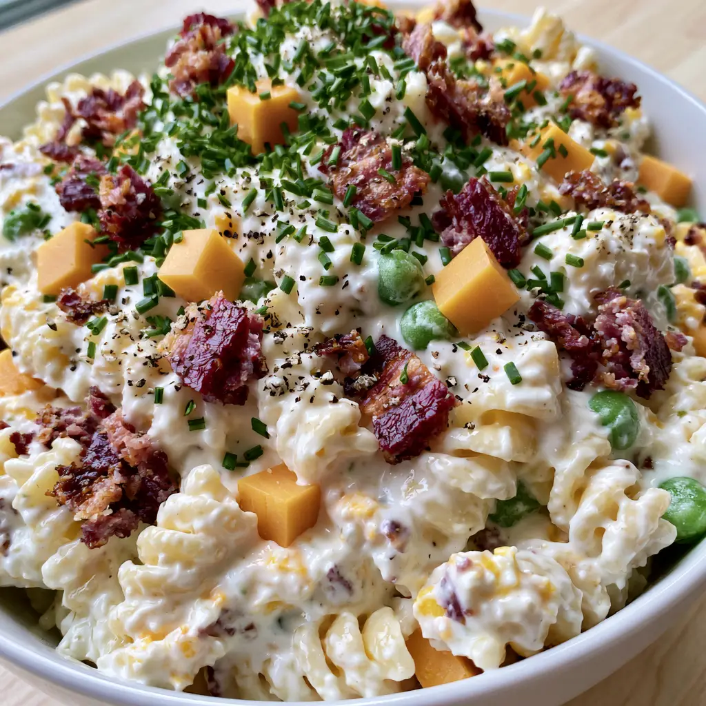 Handheld photo showing a bowl of bacon ranch pasta salad with golden cheddar cubes and bright green peas. (bacon ranch pasta salad)