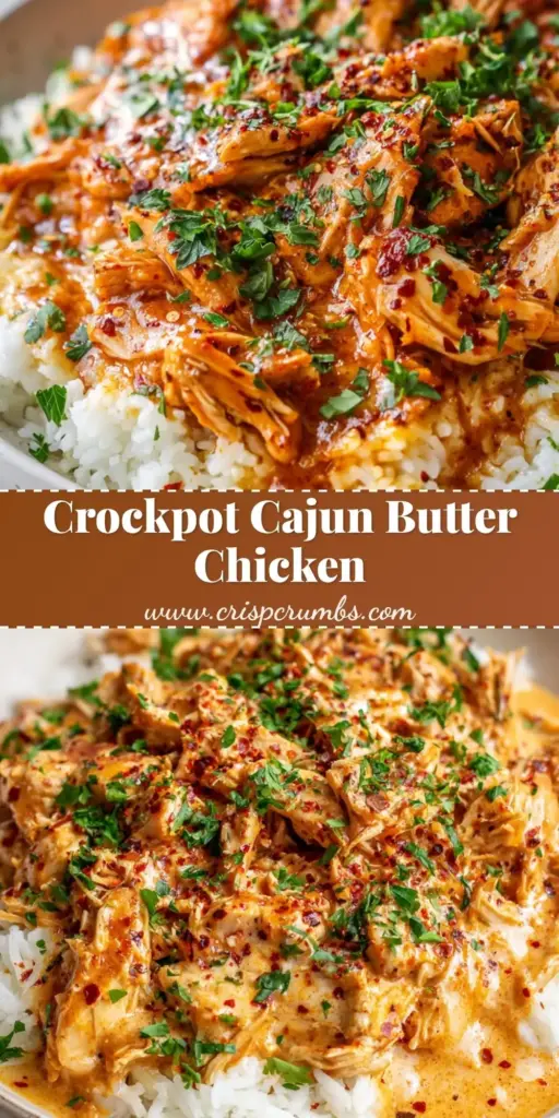 Crockpot Cajun Butter Chicken (Creamy & Easy Slow Cooker Recipe) 3 A vertical Pinterest pin showing a top-down view of Crockpot Cajun Butter Chicken in a black slow cooker with a thick orange sauce.