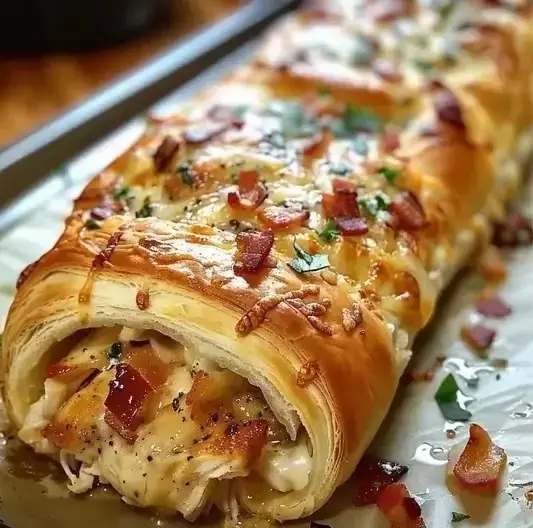 A long vertical Pinterest pin showing a sliced Chicken Bacon Ranch Stromboli with melted mozzarella and a braided crust.