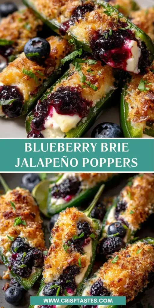 Blueberry Brie Jalapeño Poppers with Fresh Thyme 4 A close up of roasted Blueberry Brie Jalapeño Poppers with charred edges and glossy purple sauce.