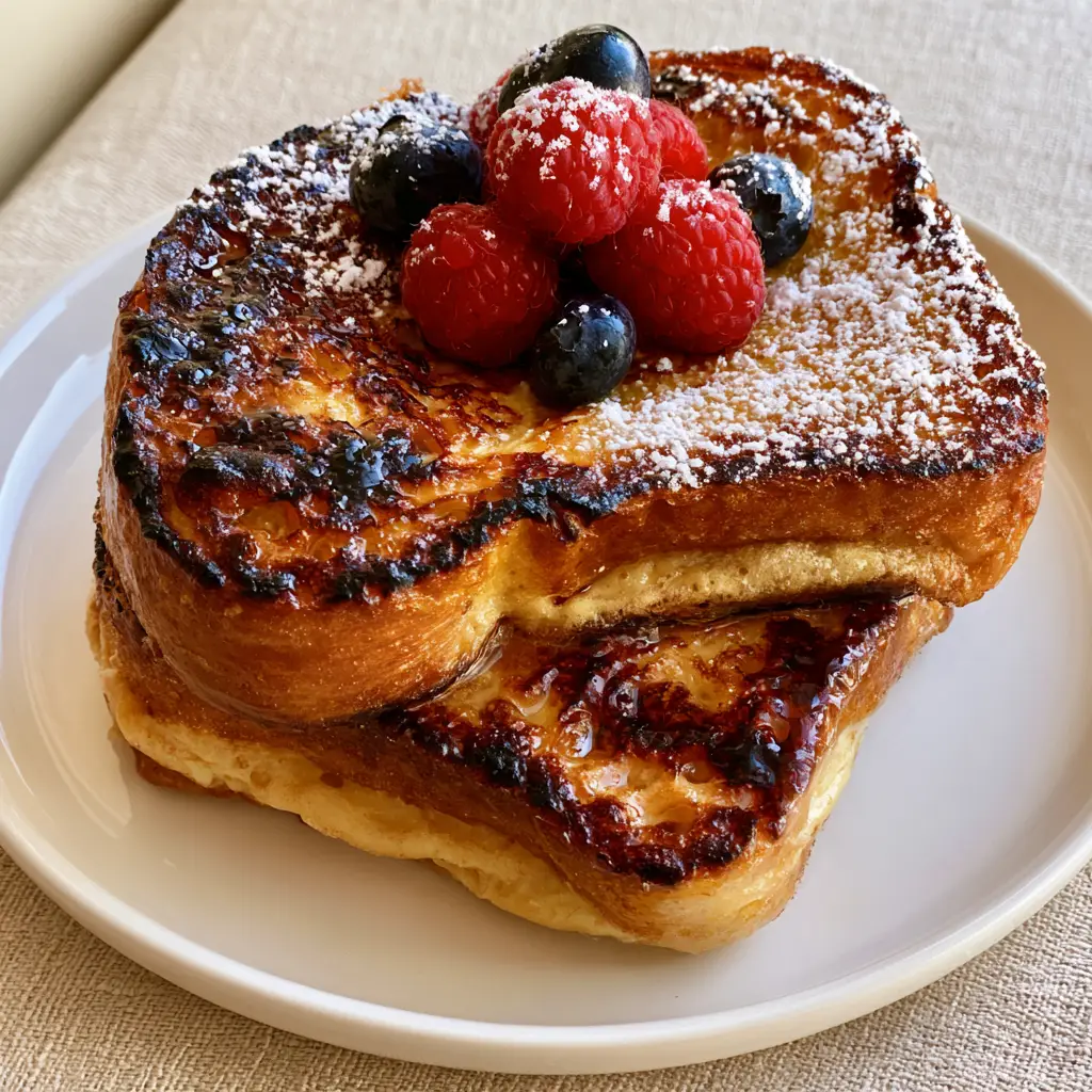 Crème Brûlée French Toast: The Ultimate Crispy Caramelized Brioche Recipe 2 Close-up of caramelized sugar bubbles on thick-cut French toast with fresh fruit. (Crème Brûlée French Toast)