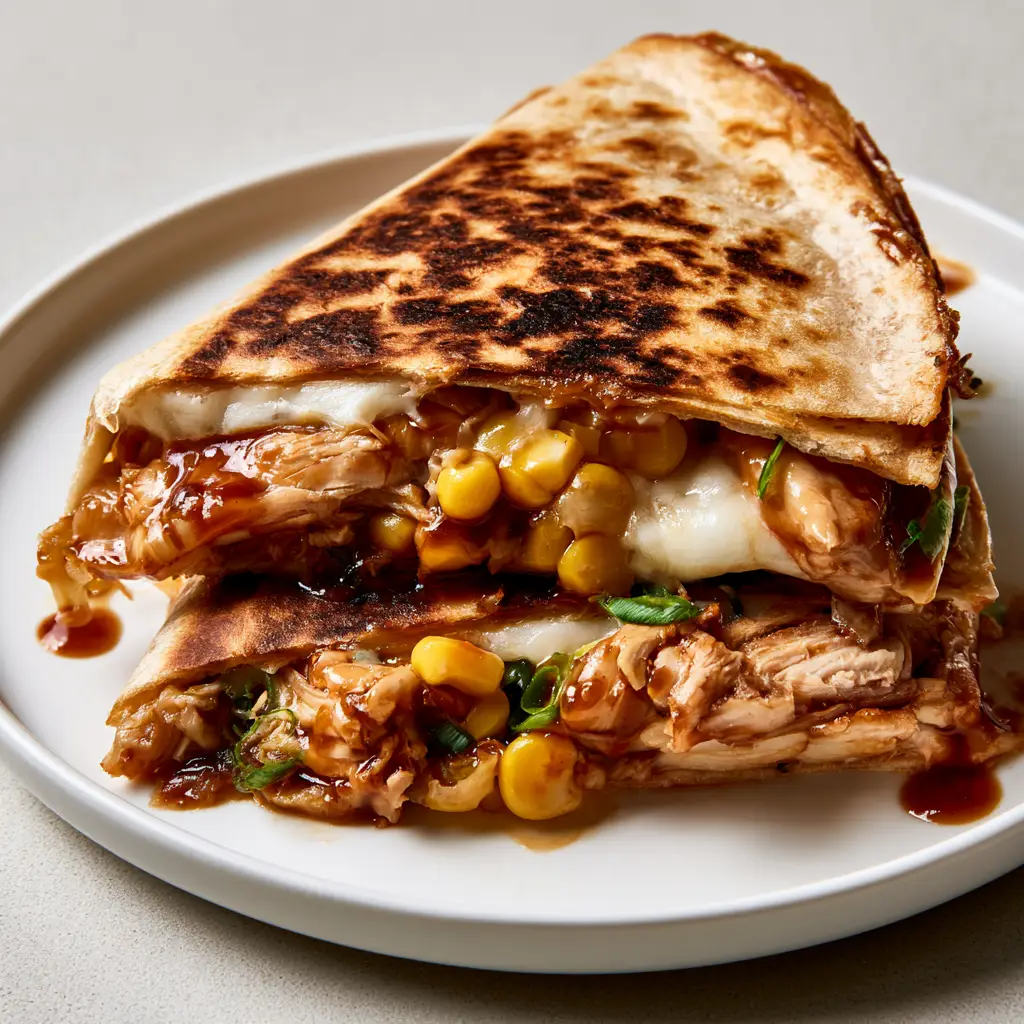 BBQ Chicken Quesadilla: The Ultimate Crispy & Cheesy 20-Minute Dinner 2 Close-up high-angle shot of a sliced BBQ Chicken Quesadilla showing dark brown charred spots and mahogany sauce.