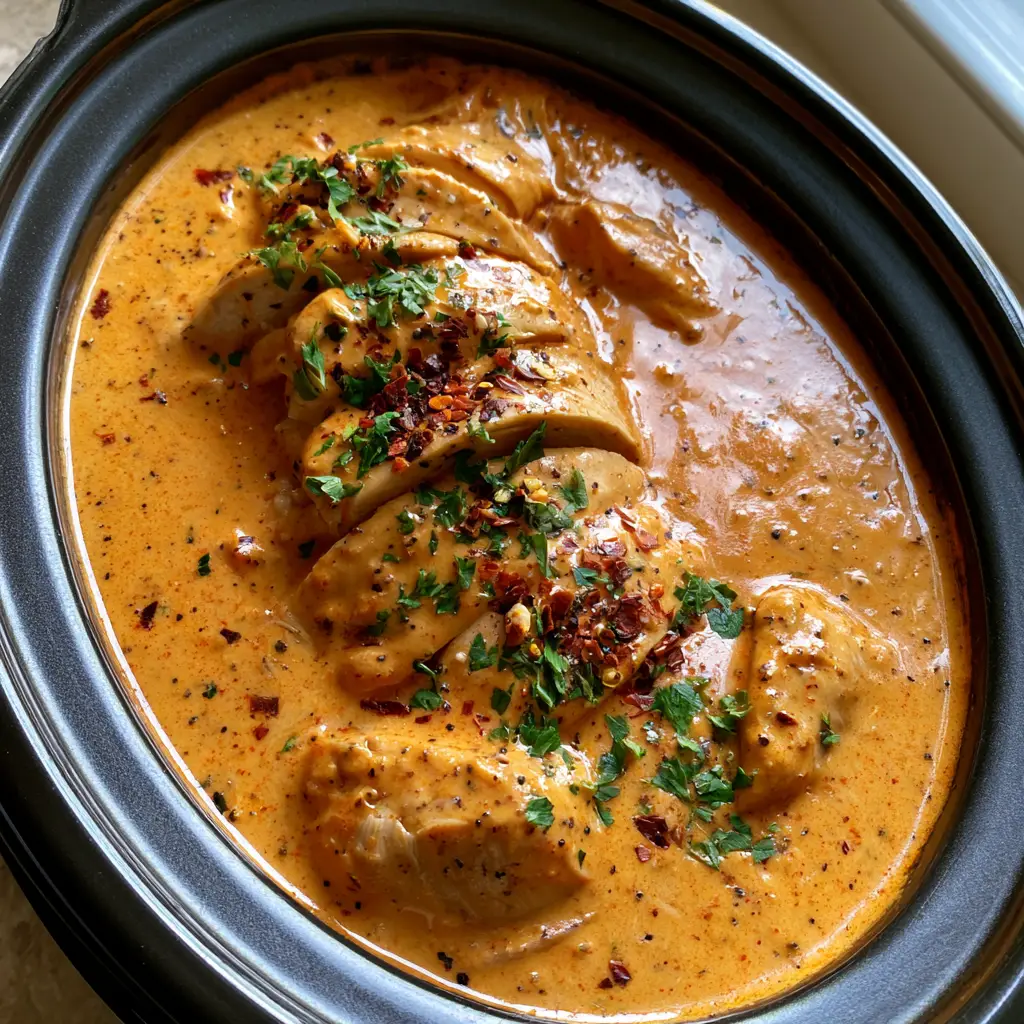 Crockpot Cajun Butter Chicken (Creamy & Easy Slow Cooker Recipe) 2 A close-up of sliced chicken breasts in a glossy orange Cajun cream sauce inside a black crockpot. (Crockpot Cajun Butter Chicken)