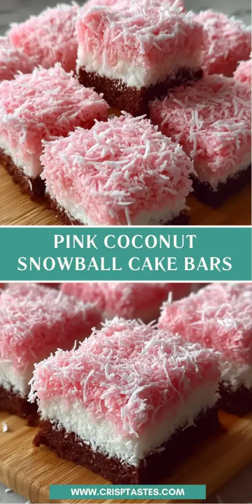 A handheld smartphone photo showing a rectangular Pink Coconut Snowball Cake Bar with a dark chocolate base and vibrant pink coconut topping.