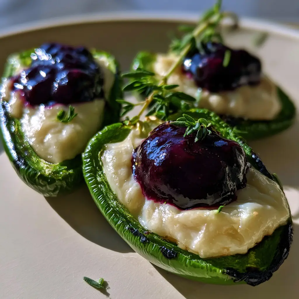 Blueberry Brie Jalapeño Poppers with Fresh Thyme 2 Handheld photo of three Blueberry Brie Jalapeño Poppers on an off-white surface with thyme garnish.