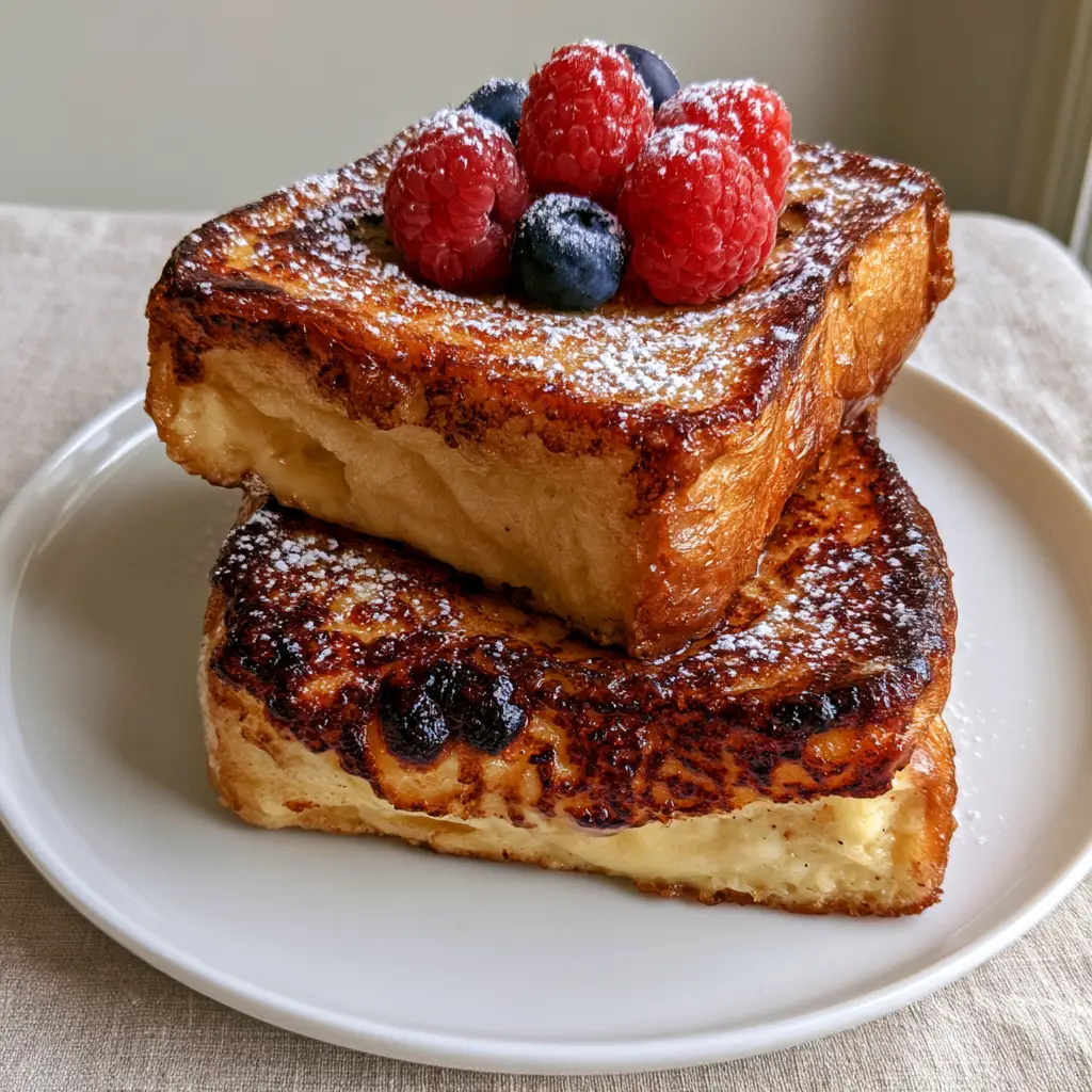 Crème Brûlée French Toast: The Ultimate Crispy Caramelized Brioche Recipe 1 Two slices of brioche French toast stacked on a white plate with raspberries and blueberries dusting of sugar.