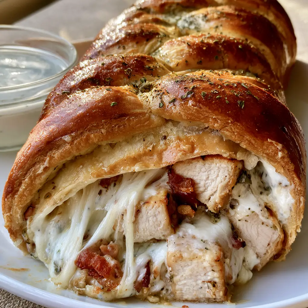 A cross-section of Chicken Bacon Ranch Stromboli revealing cubes of chicken, crispy bacon, and stringy mozzarella.
