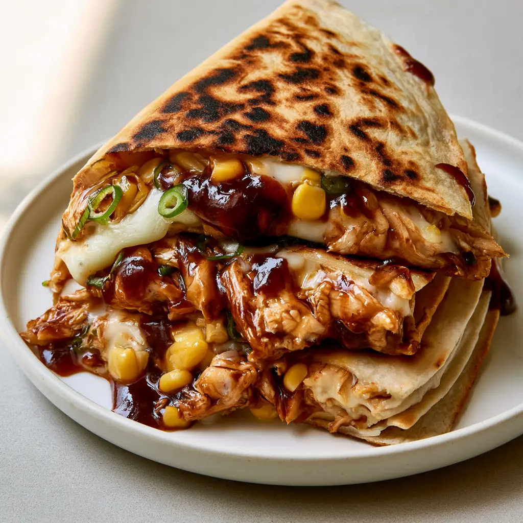 BBQ Chicken Quesadilla: The Ultimate Crispy & Cheesy 20-Minute Dinner 1 A detailed shot of a BBQ Chicken Quesadilla stack on a white plate, highlighting corn kernels and green onions.