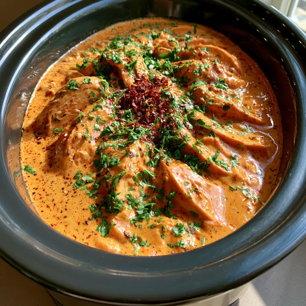 Crockpot Cajun Butter Chicken (Creamy & Easy Slow Cooker Recipe) 1 Top-down view of Crockpot Cajun Butter Chicken garnished with parsley and red chili flakes in a black slow cooker.