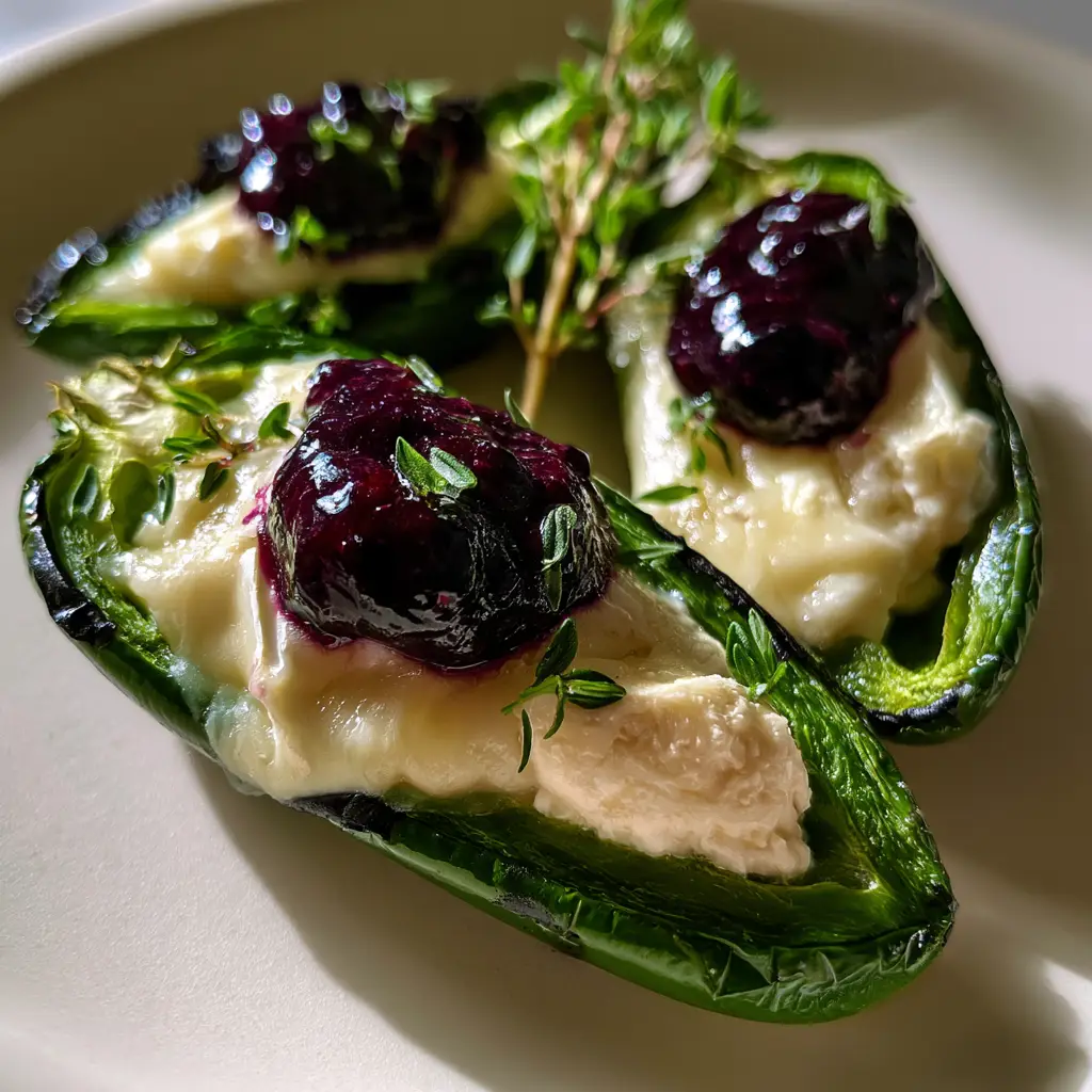 Blueberry Brie Jalapeño Poppers with Fresh Thyme 1 Vertical shot of gooey Blueberry Brie Jalapeño Poppers showing the melted cheese and purple fruit topping.