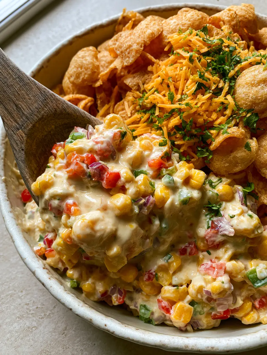 Close-up of the vibrant mix of corn, red and green bell peppers, and purple onions in a creamy white dressing for Frito Corn Salad.
