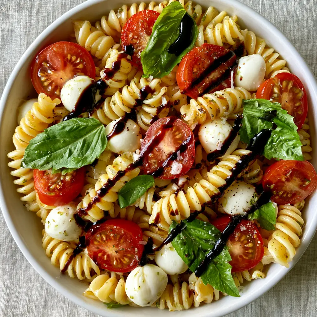 Stylized zig-zag drizzle of ebony balsamic glaze over a shallow bowl of Caprese Pasta Salad.