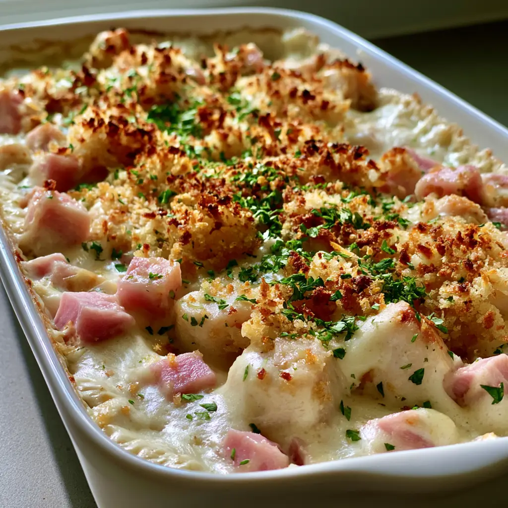 Chicken Cordon Bleu Casserole: The Ultimate Creamy Weeknight Bake 1 A top-down view of Chicken Cordon Bleu Casserole showing the toasted golden-brown panko crust and parsley flakes.