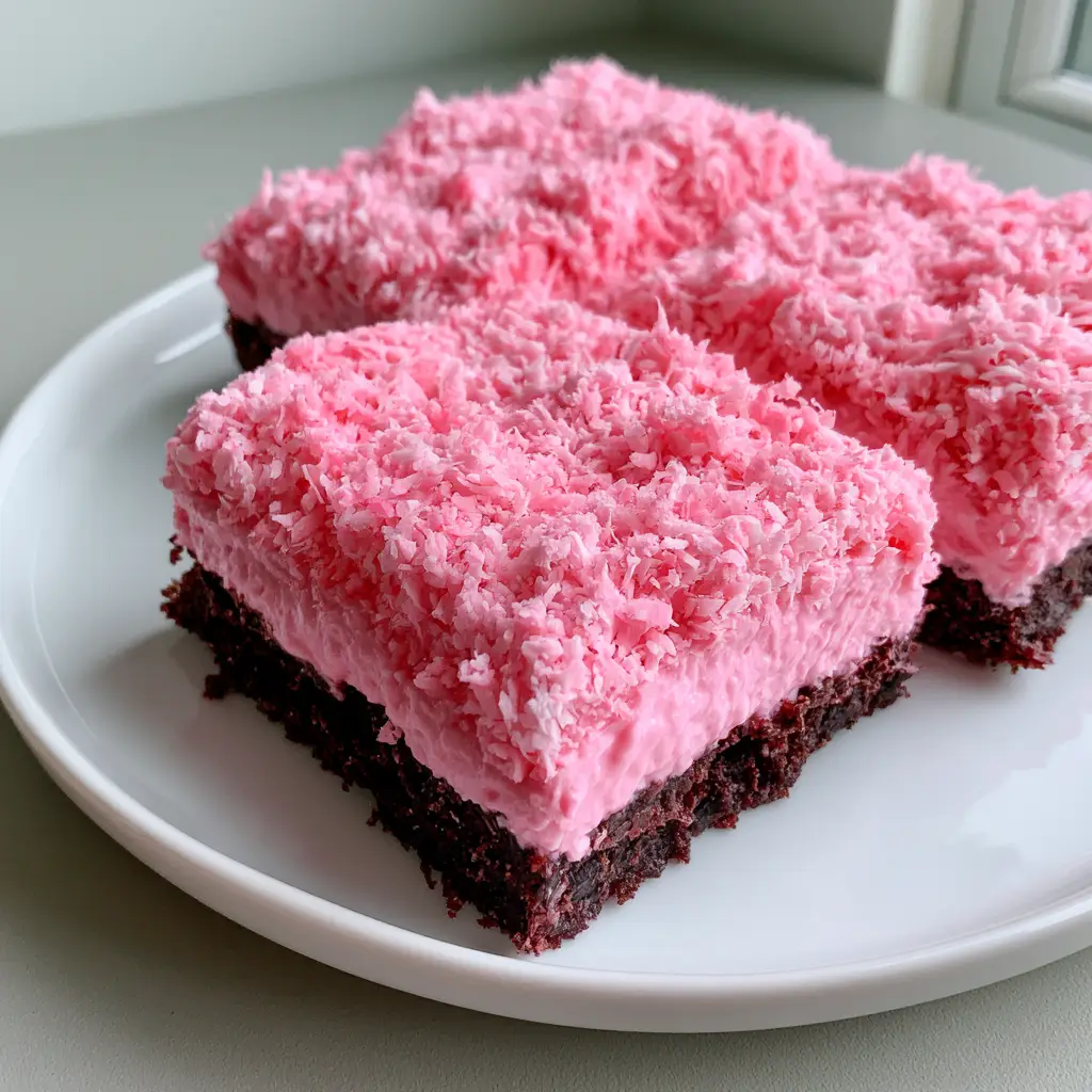 A smartphone photo of Pink Coconut Snowball Cake Bars on a white ceramic plate in natural daylight.
