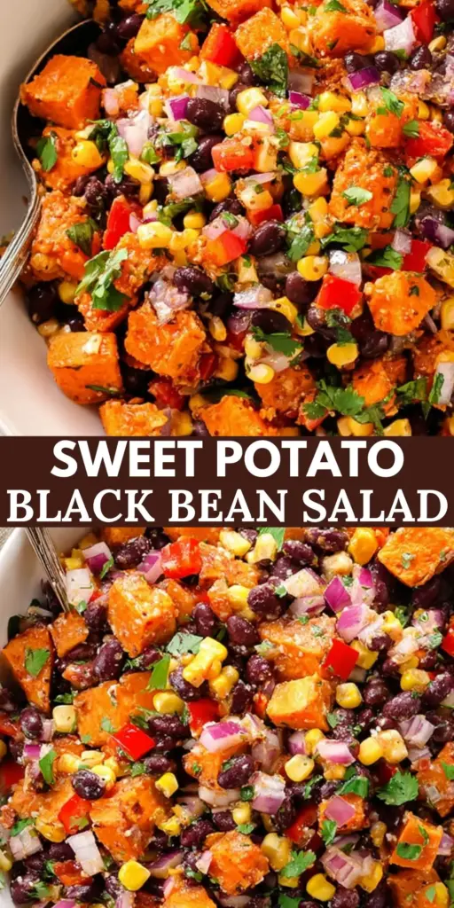 Roasted Sweet Potato Black Bean Salad with Zesty Lime Dressing 4 A Pinterest-style vertical graphic for Roasted Sweet Potato Black Bean Salad showing charred orange potato cubes and glossy beans in a white bowl.