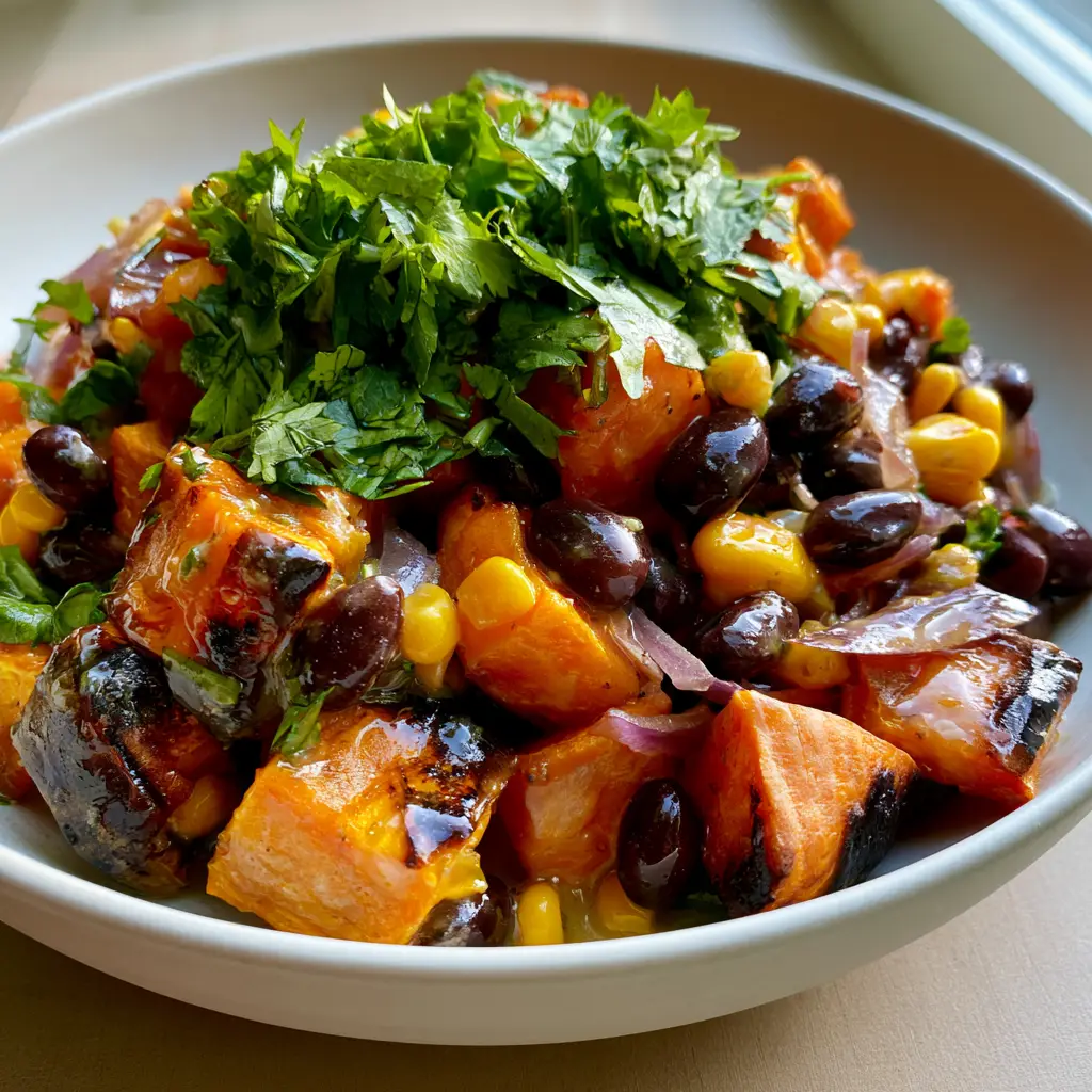 Roasted Sweet Potato Black Bean Salad with Zesty Lime Dressing 2 Close-up of Roasted Sweet Potato Black Bean Salad in a shallow white bowl with caramelized edges and fresh cilantro.