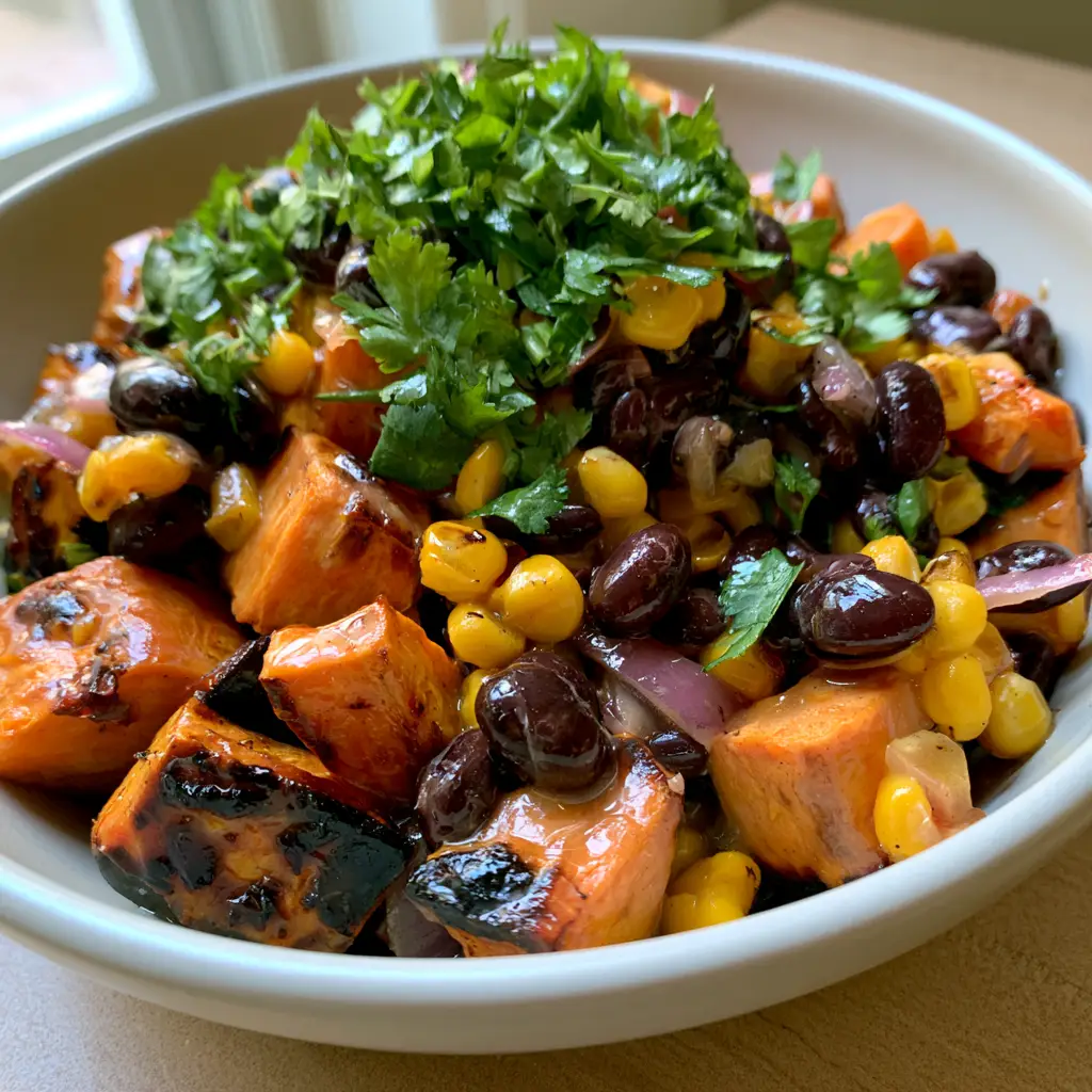 Roasted Sweet Potato Black Bean Salad with Zesty Lime Dressing 1 Top-down view of a vibrant Roasted Sweet Potato Black Bean Salad featuring corn, red onion, and lime dressing.