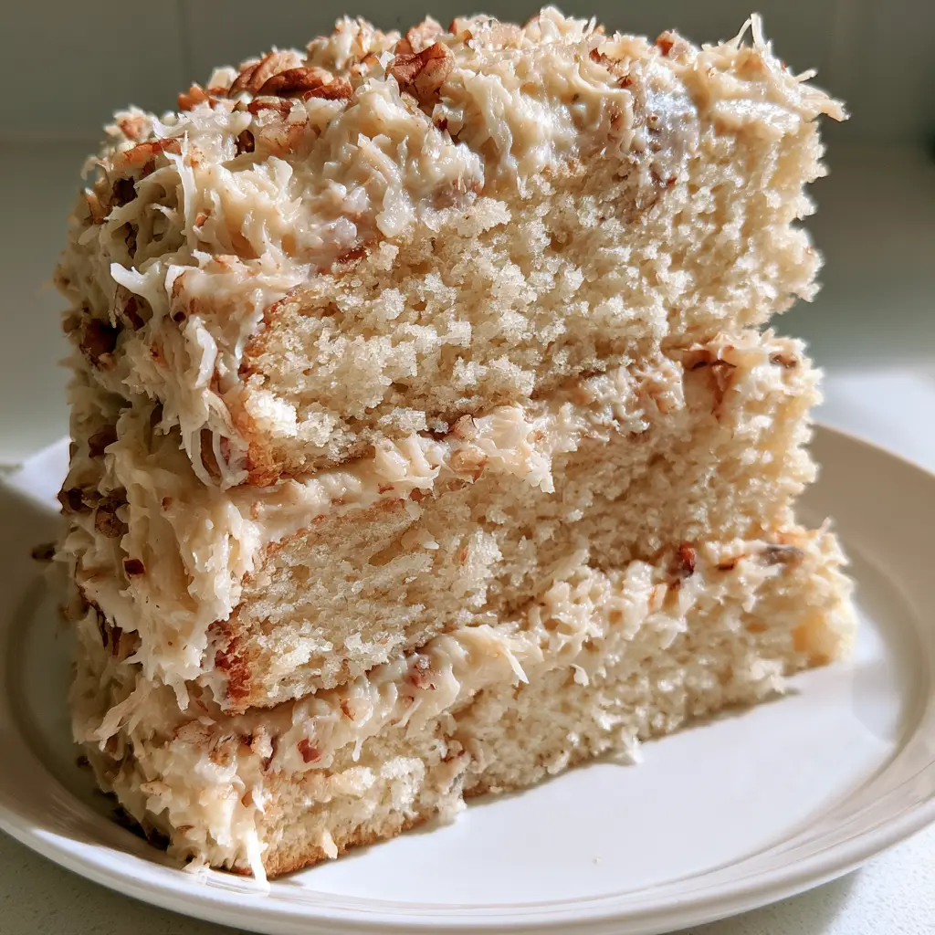 White German Chocolate Cake: The Ultimate Triple-Layer Coconut Pecan Delight 2 A close-up unedited photo of a three-layer White German Chocolate Cake showing the fine-crumbed sponge and glossy frosting. (White German Chocolate Cake)