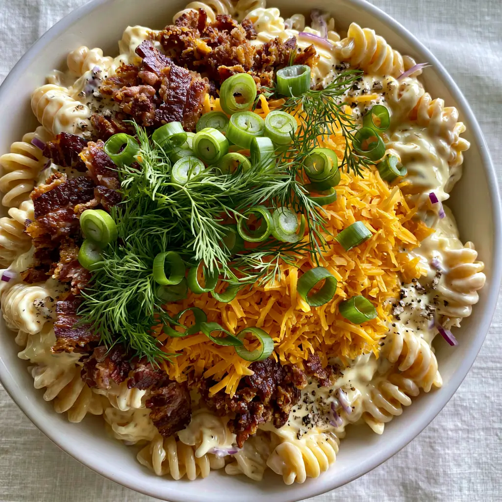 Close up of crispy dark golden-brown bacon crumbles on top of a creamy ranch pasta salad.