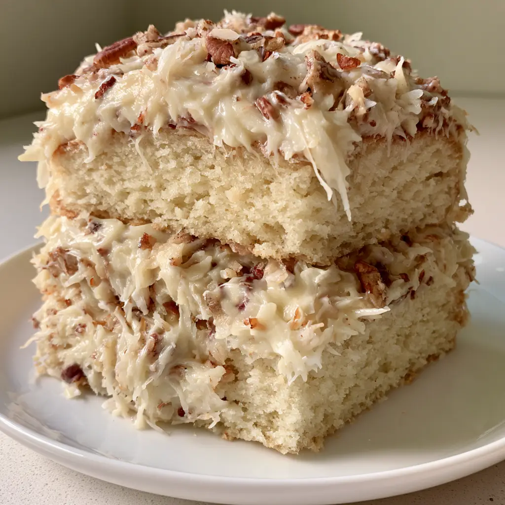 White German Chocolate Cake: The Ultimate Triple-Layer Coconut Pecan Delight 1 Meticulously detailed smartphone photo of a White German Chocolate Cake on a minimalist kitchen counter.