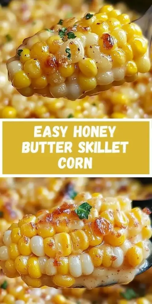 A vertical graphic for Honey Butter Skillet Corn showing charred corn in a black skillet with green parsley flakes.