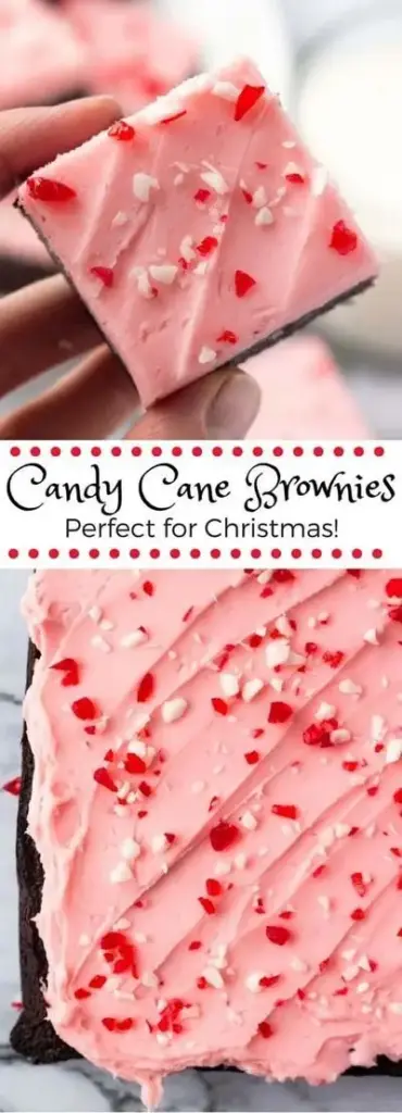 Christmas Brownie Recipes: Fudgy Peppermint Cream Brownies 3 A handheld square fudgy dark chocolate brownie with thick white peppermint frosting and candy cane shards. (Christmas Brownie Recipes)
