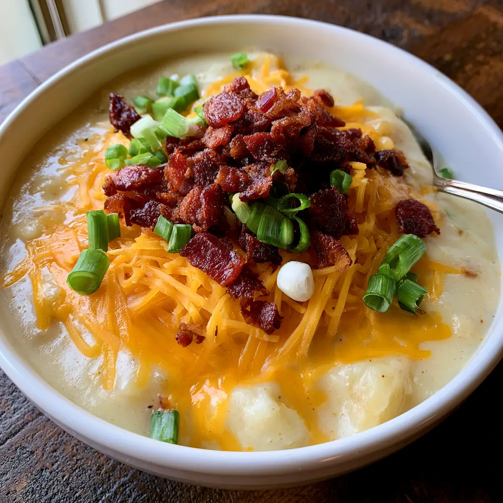 Crock Pot Potato Soup: The Ultimate Creamy Comfort Food Guide 2 Close-up handheld photo of thick, pale ivory Crock Pot Potato Soup with visible chunks of potatoes and melted cheddar.
