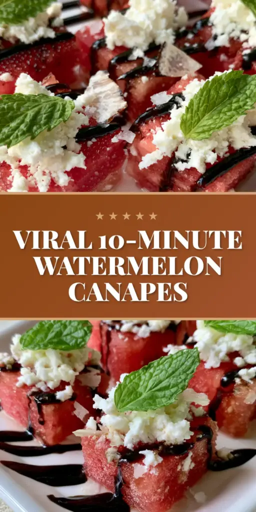 A close-up vertical shot of chilled watermelon canapes with feta and mint on a white platter. (Watermelon Canapes recipe)