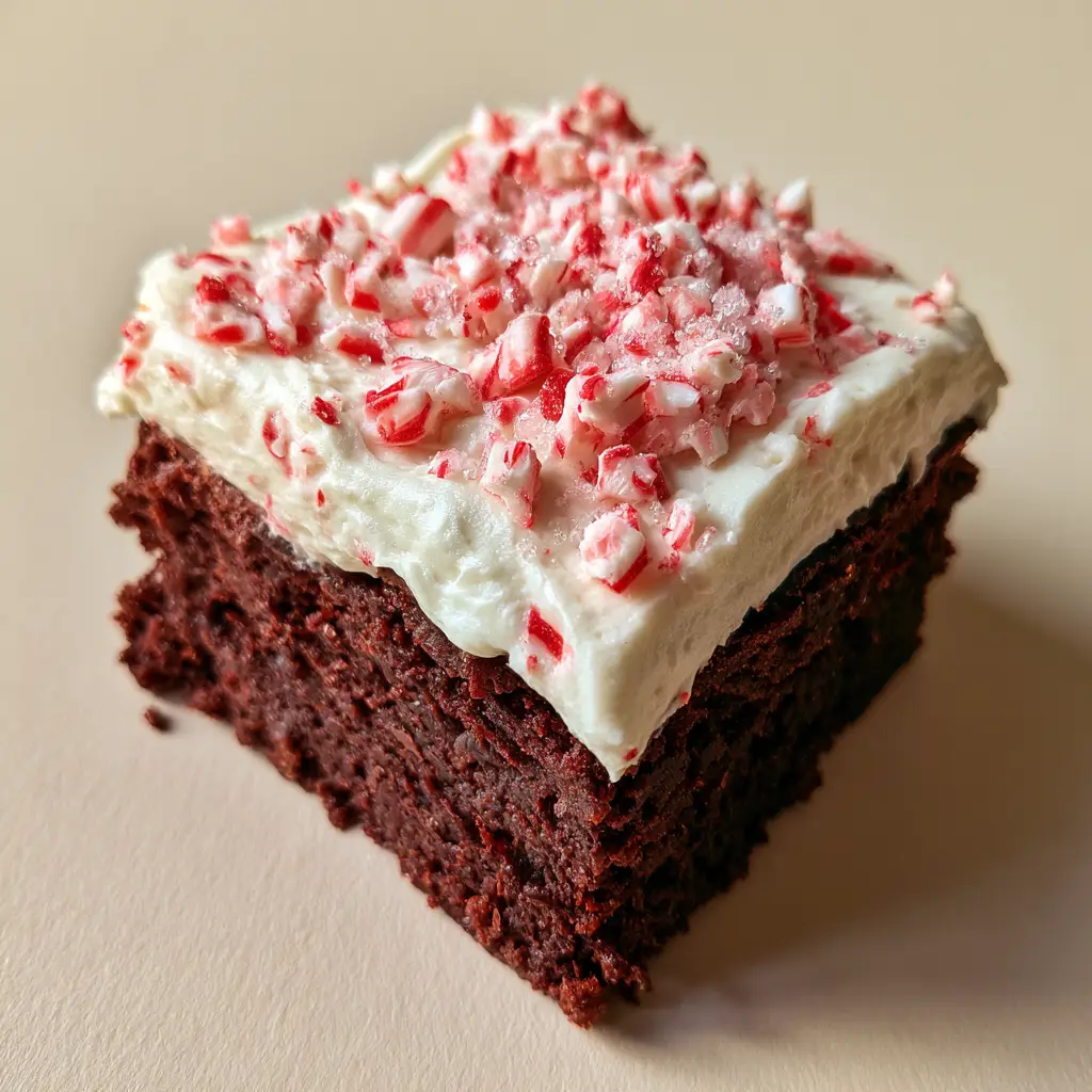 Christmas Brownie Recipes: Fudgy Peppermint Cream Brownies 2 Close up of a dense chocolate brownie layer topped with smooth peppermint cream and red candy cane dust. (Christmas Brownie Recipes)
