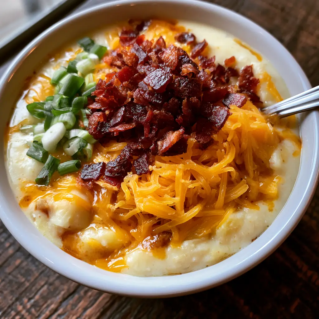 Crock Pot Potato Soup: The Ultimate Creamy Comfort Food Guide 1 A silver spoon dipping into a bowl of Crock Pot Potato Soup covered in bacon bits and bright green onions.