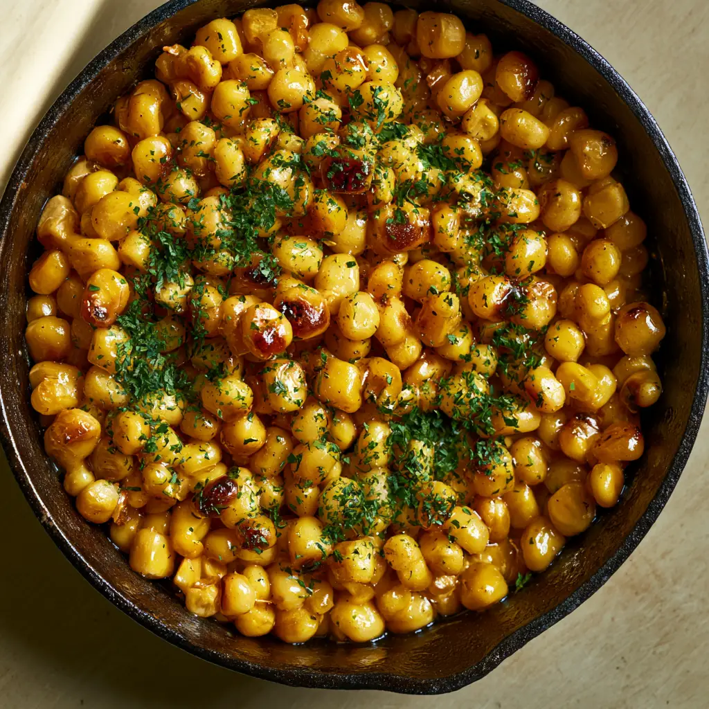 Close up of glossy honey butter glaze on golden yellow corn kernels with green parsley.