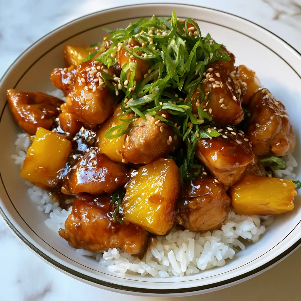 Overhead view of pan-seared chicken and pineapple over jasmine rice, garnished with scallions and sesame seeds on a white marble surface.