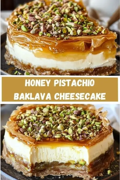 A tall slice of Honey Pistachio Baklava Cheesecake featuring a ruffled phyllo top, vibrant green pistachios, and dripping honey syrup on a white plate.