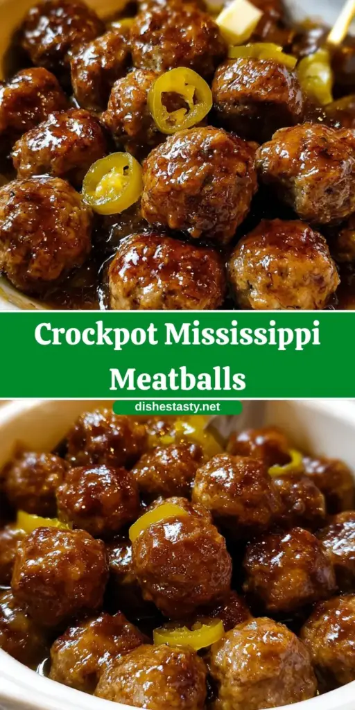 Mississippi Meatballs: The Ultimate Slow Cooker Comfort Food Guide 3 A Pinterest-style graphic showing Mississippi Meatballs in a white bowl with pepperoncini peppers and text overlay. (Mississippi Meatballs)
