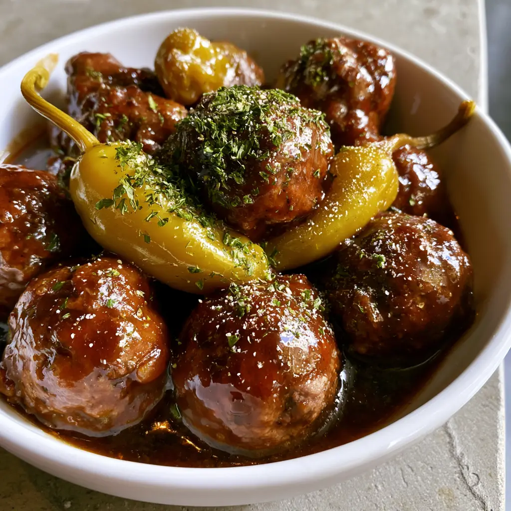 Mississippi Meatballs: The Ultimate Slow Cooker Comfort Food Guide 2 A white ceramic bowl filled with round beef meatballs coated in thick dark brown gravy and topped with pepperoncini. (Mississippi Meatballs)