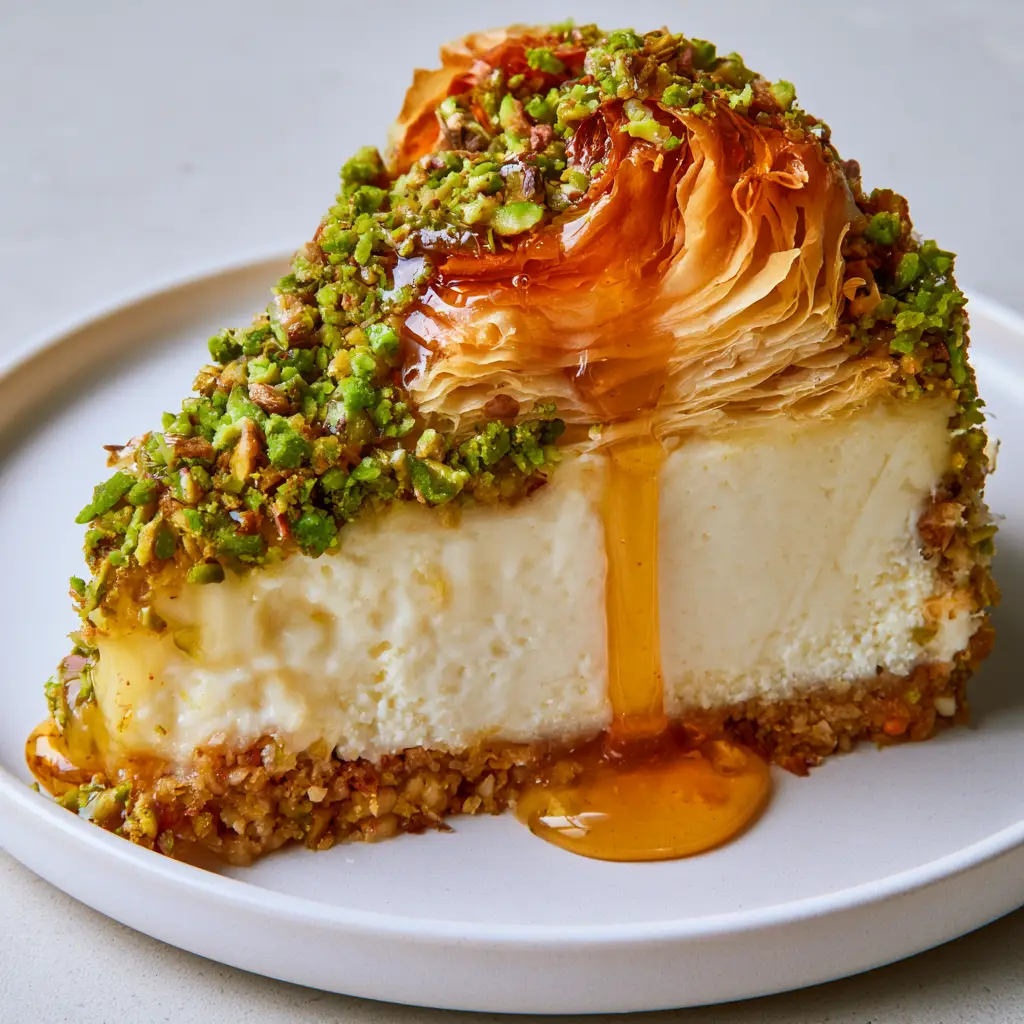 A top-down view of Honey Pistachio Baklava Cheesecake covered in vibrant green pistachios and glistening amber honey syrup.